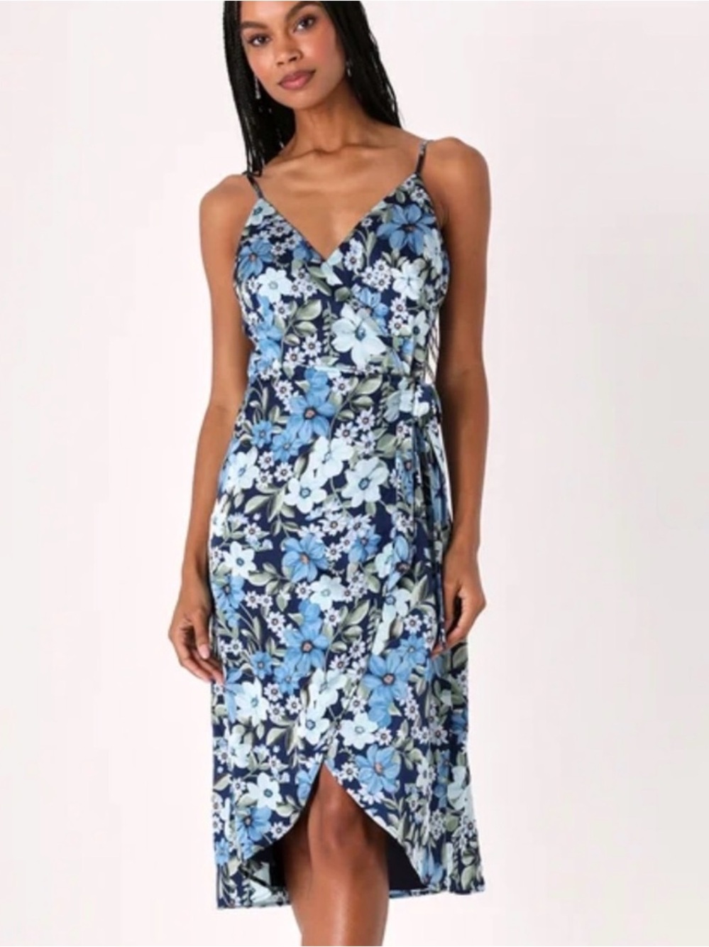 Lulus Totally Romantic Navy Blue Floral Wrap Midi Dress